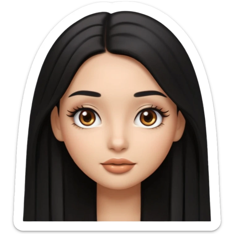 pretty cartoon girl, semi-realistic 3D emoji style, long middle parted straight black hair, tan skin, brown eyes, long eyelashes, soft glam makeup, glossy lips, smooth skin, cute aesthetic,  sticker
