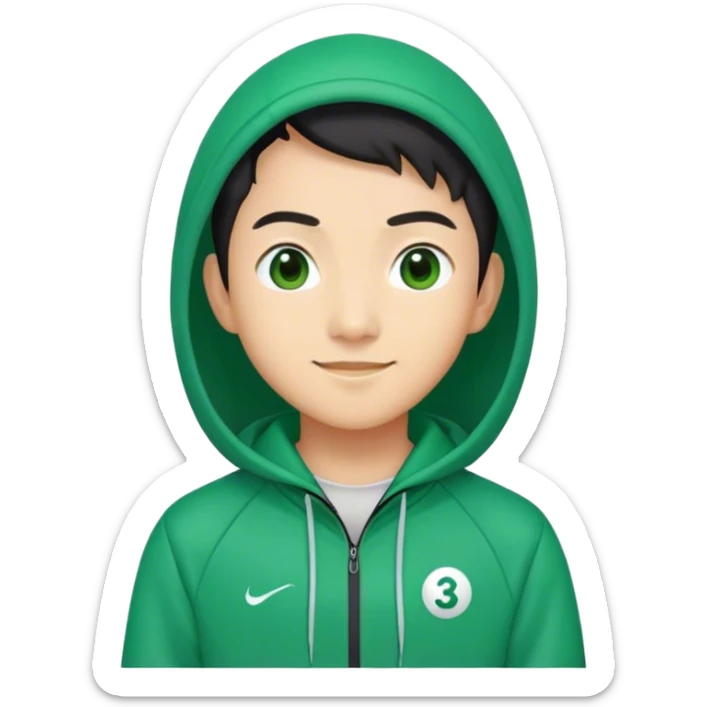 "Squid Game asian player emoji, green tracksuit with number 333, sly smile, representing manipulation, sticker