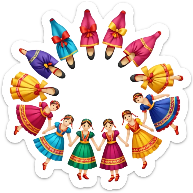 Icon for Folk Dance: close-up traditional dance dress, shoes, colorful folk costumes and a dance circle with ribbons. The icon should represent the vibrant and cultural aspects of folk dancing. Transparent background. sticker