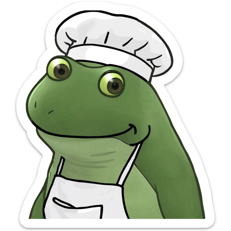 Make the baby oil bottle look like a chef with a chef hat and apron, in the green bufo frog meme style, no background. sticker