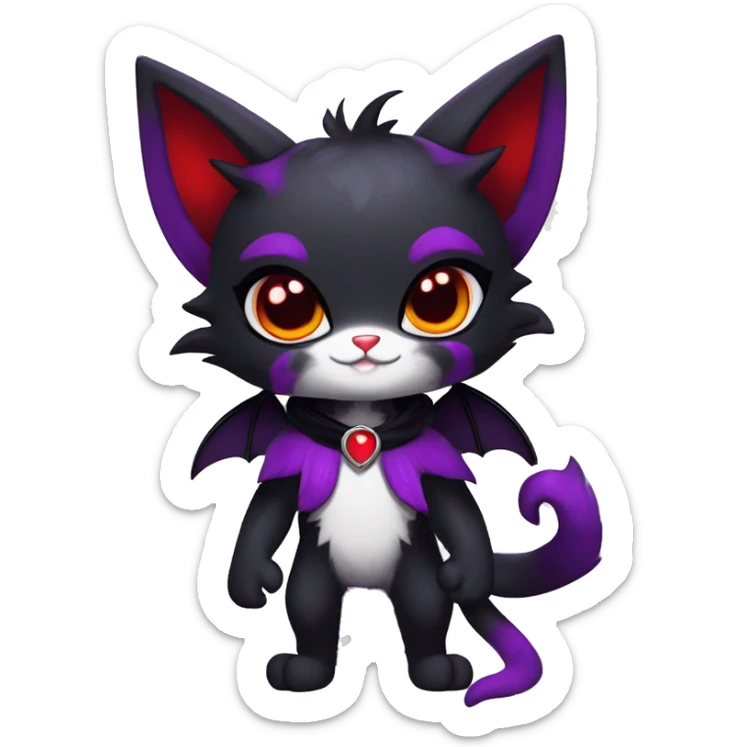 Anthro-Cute-Edgy-Vampiric-Batty-Cat-Black-Purple-Red-White-Contrast-Colors-Fantasy-Fur-Sona-Chibi-Shiny-Fakémon-Hybrid with horns full body sticker