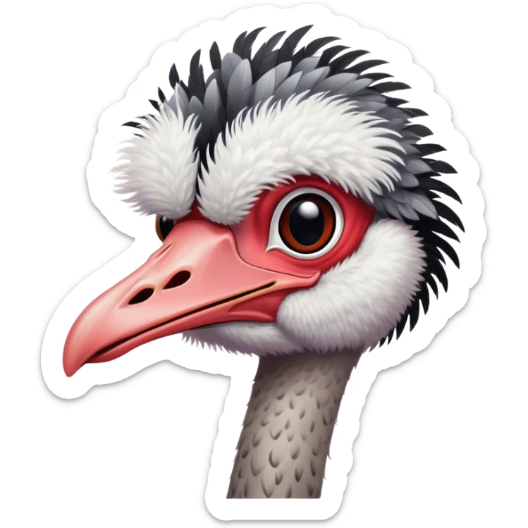 Full picture of an ostrich with black and white feathers on the body, fluffy grey head feathers, pinkish-red neck, and red legs. sticker