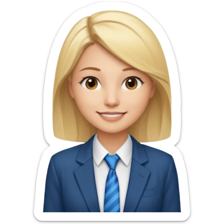 une femme blonde jolie avec des jolies traits avec une chemise blanche et une veste a manche longues et cravate bleu elle a les yeux marron sticker