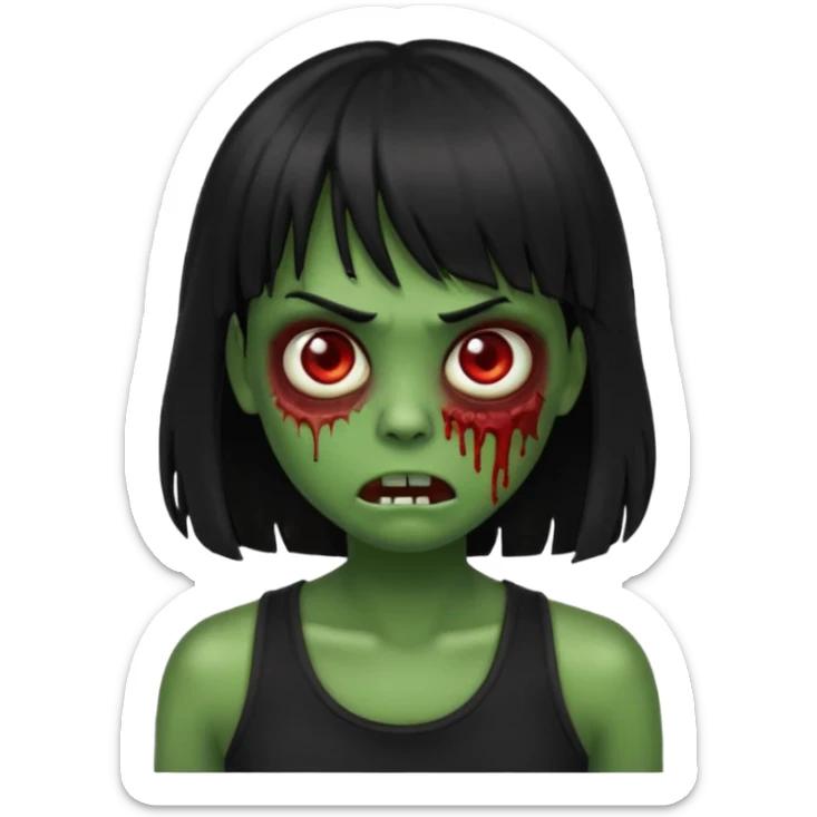 Zombie emoji with long black hair and bangs, with green skin, big red eyes, small nose, and a simple black tank top.  sticker