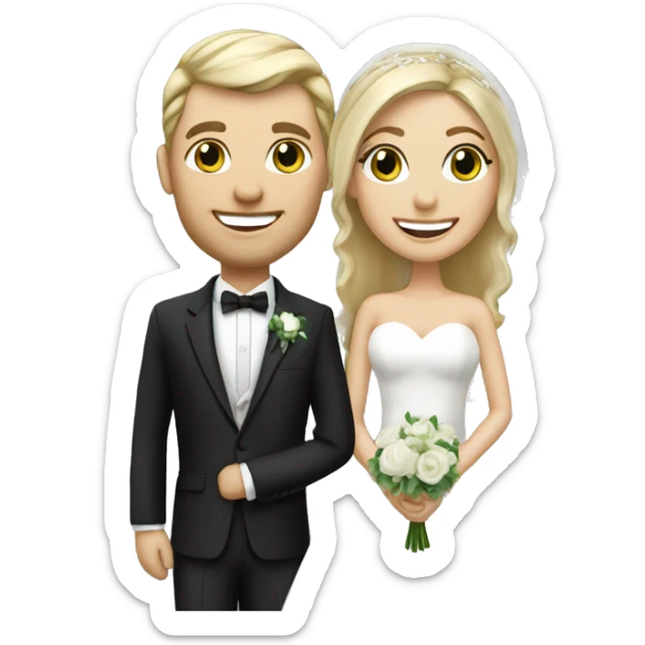 happy couple on wedding day, blond hair bride, groom silver green eyes sticker