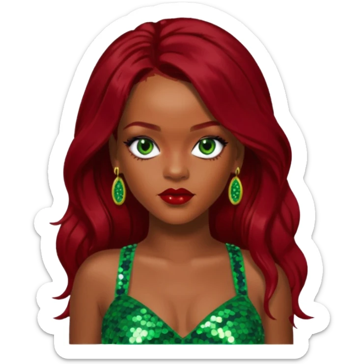 Rihanna with dark red long hair, green sequin crop top, hazel eye sticker