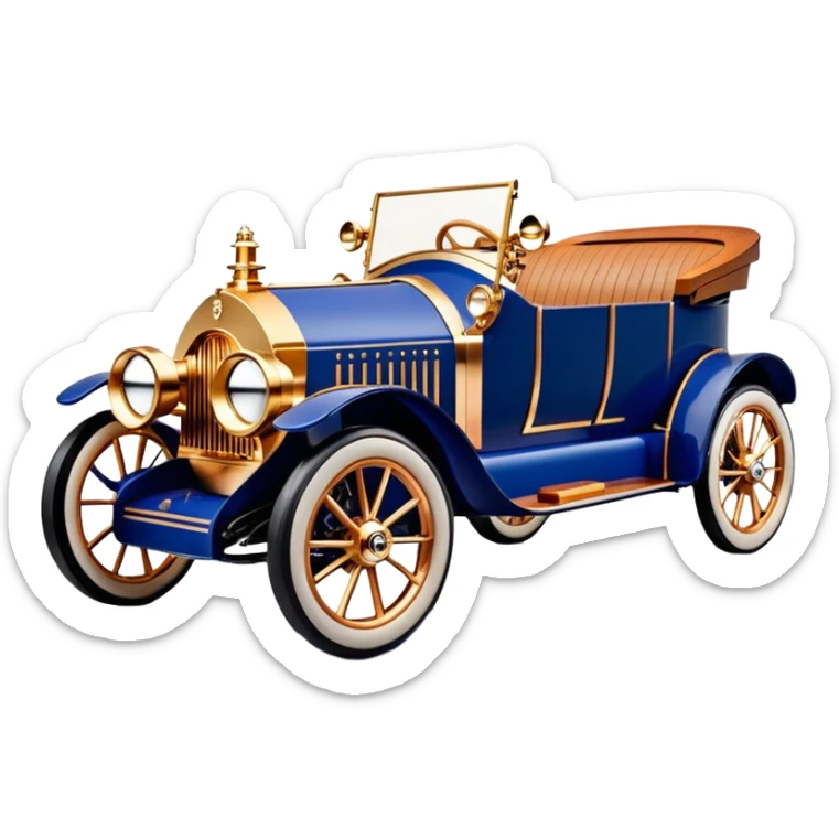 dark blue led lights C-3PO ghost buster’s 1927 delicately inlaid rose gold wood barrel accents Scrooge McDuck Model-T x Rolls Royce efficiently powered by futuristic electric motors and dynamos with wide racing wheels that are strong agile advanced suspension and steering sticker