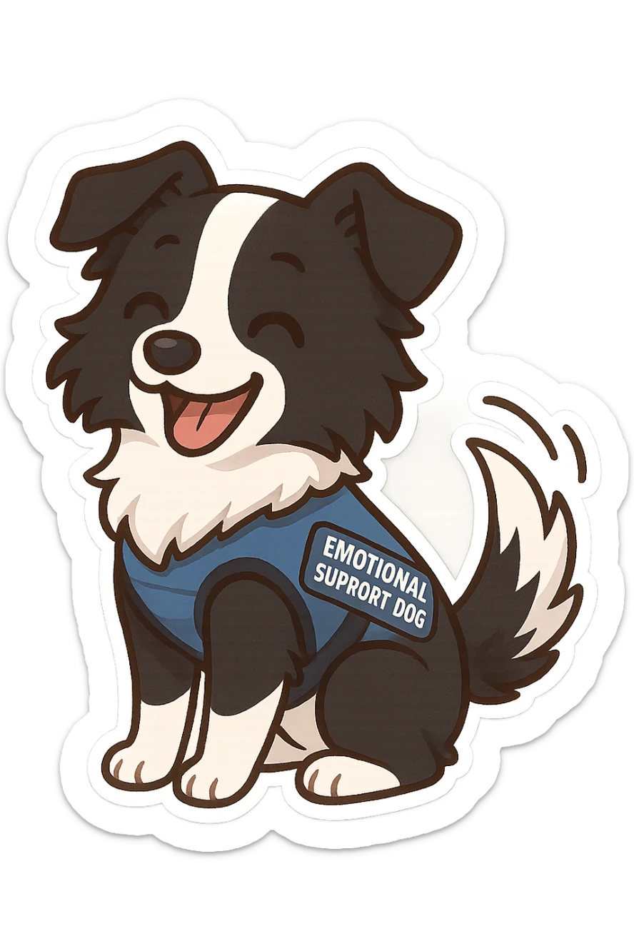 happy border collie in blue emotional support dog vest, wagging tail, cartoon style, white background sticker