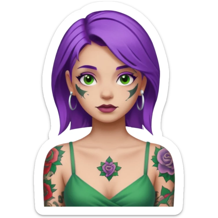 women with tatoos and hightlight that tatoos with purple hair and green dress sticker