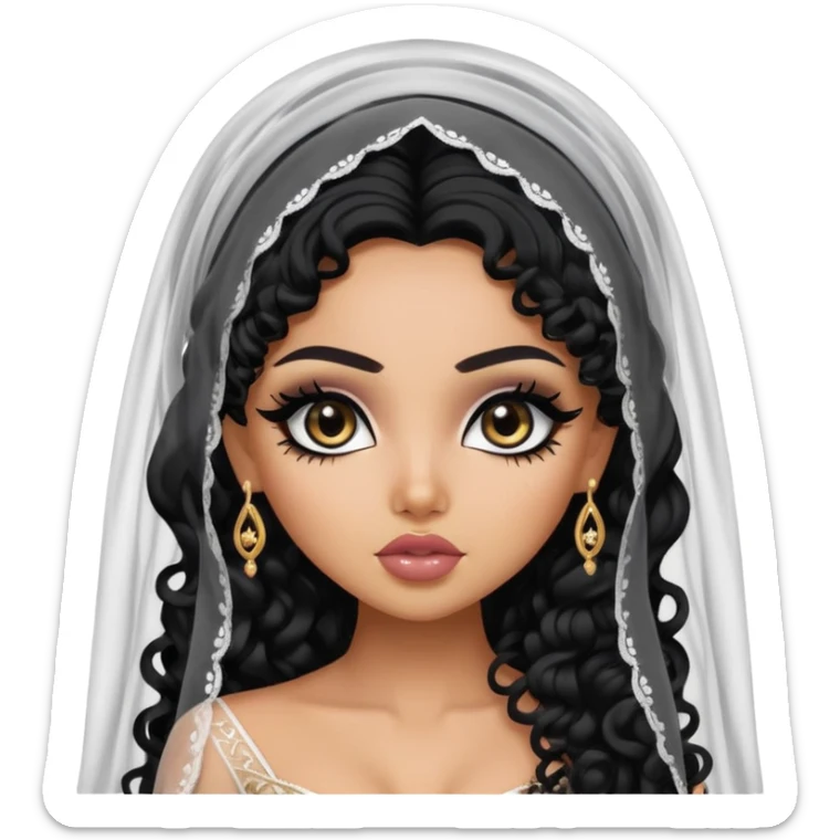 South West asian beauty, pretty bratz baddie, black eyeliner, long black curly hair, veil, medium skin  sticker