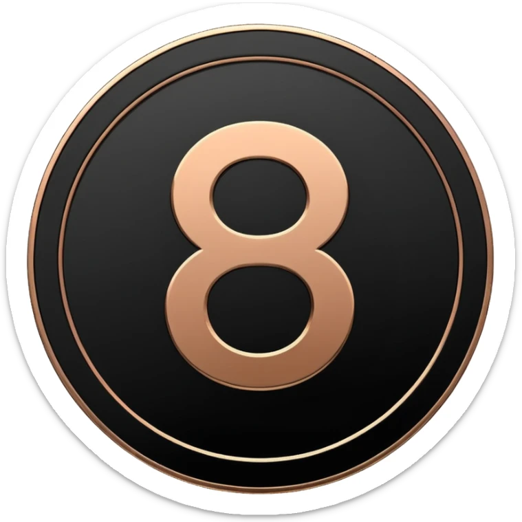 Emoji icon of a metal coin with engraved number 8, minimalist style, isolated, only black color sticker