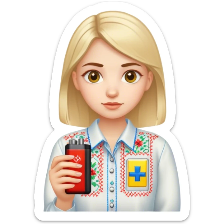 A Ukrainian girl in an embroidered shirt holds a battery sticker