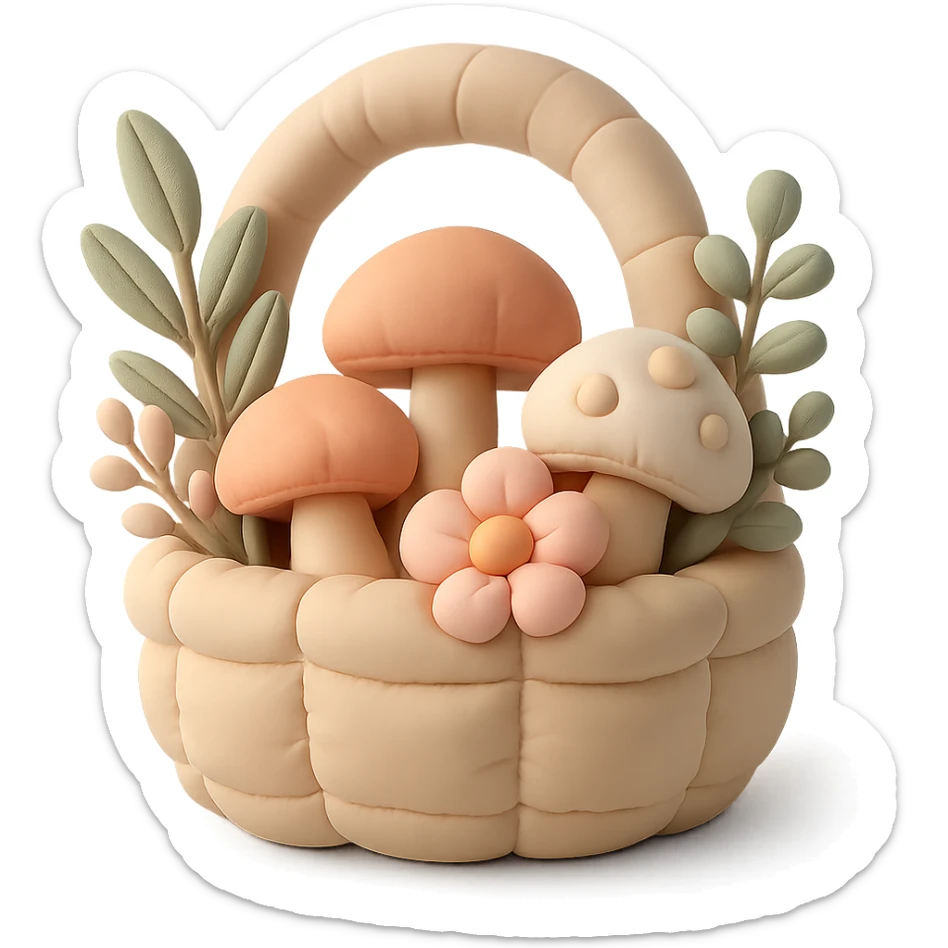 basket full of forest goodies including mushrooms, herbs, flowers in soft pastel colors, cushion style sticker