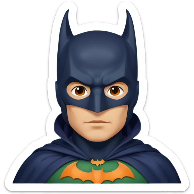 generate a batman emoji with just the face and neck showing and part of the cloak and and wings. Shade the bat logo on the chest in a medium green with a slight olive touch. Shade the mask in dark navy blue. Shade the cloak in a solid vibrant orange.

 sticker