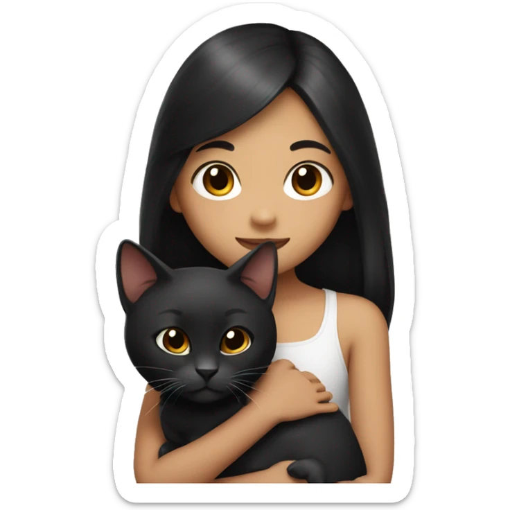 young girl with black long hair, oriental appearance, holds a dark brown cat in her arms sticker