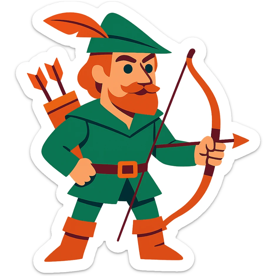 Robin Hood, classic English folk hero, wearing a green tunic and feathered cap, holding a bow, vibrant cartoon style sticker