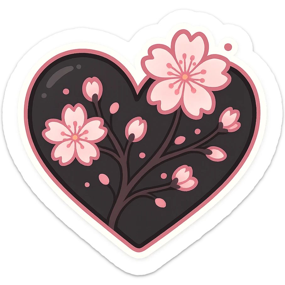 goth sakura heart, black heart with sakura branch and blossoms, extra pink highlights, playful and sweet sticker