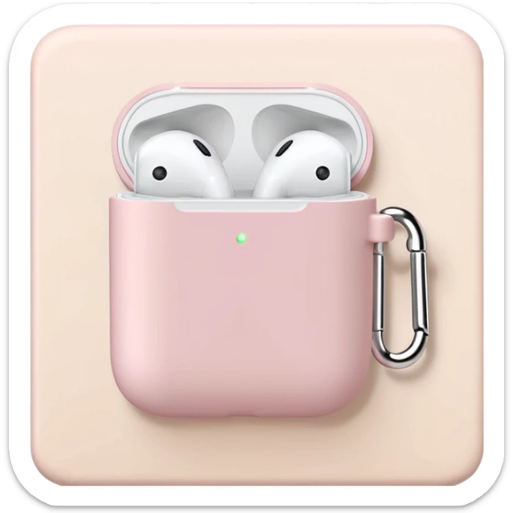 Pastel pink AirPods case on top of a beige travel journal, minimal setup sticker