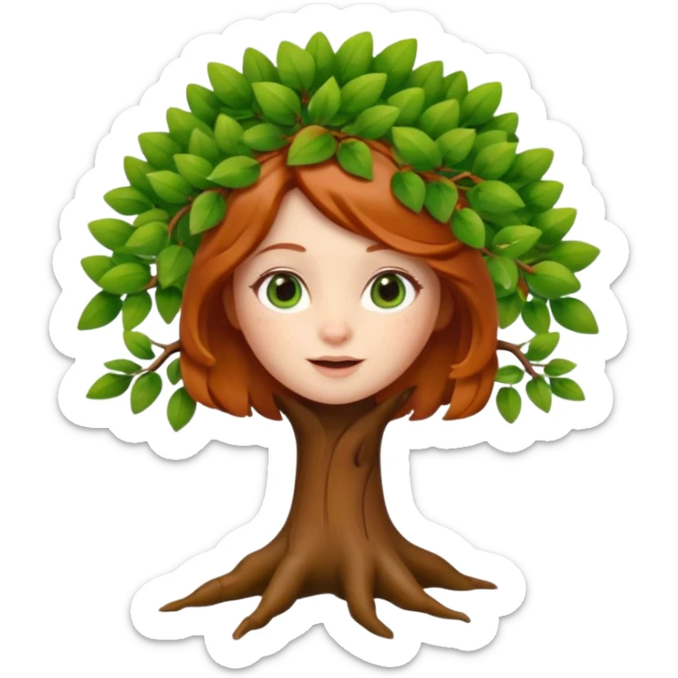 Style memoji iphone. Un petit sapin vert sylvestre, féminin, regard malicieux, tâches de rousseurs délicates, joues roses. Yeux de biche brillants en forme amande, yeux couleur ambre, tronc couleur acajou. Sapin en mouvement, incurvé pour un effet vivant. sticker