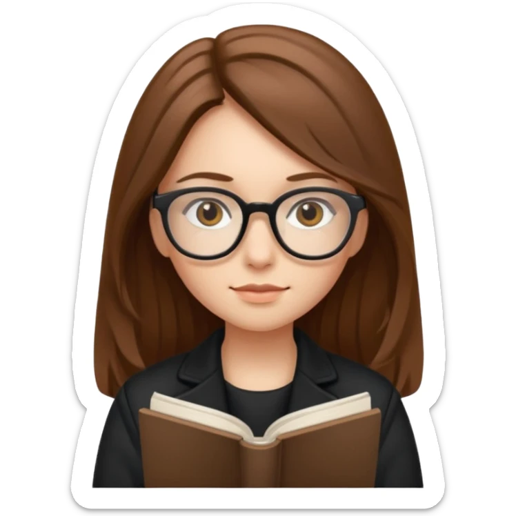 A girl with long brown hair and small reading glasses and black jacket  sticker