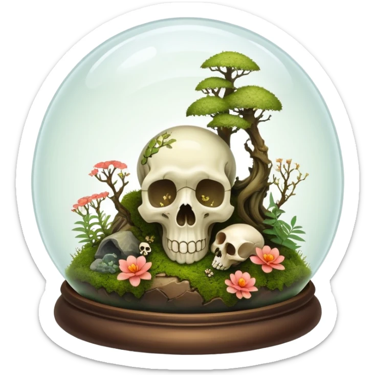 Mystical woodland glass-dome-terrarium-globe with moss inside, with and an animal-cadaver-creature-skull inside, and flowers inside  sticker