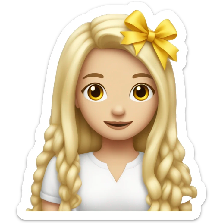 cute white girl, with yellow bow in her hair, long straight hair, hugging a Teddy bear sticker