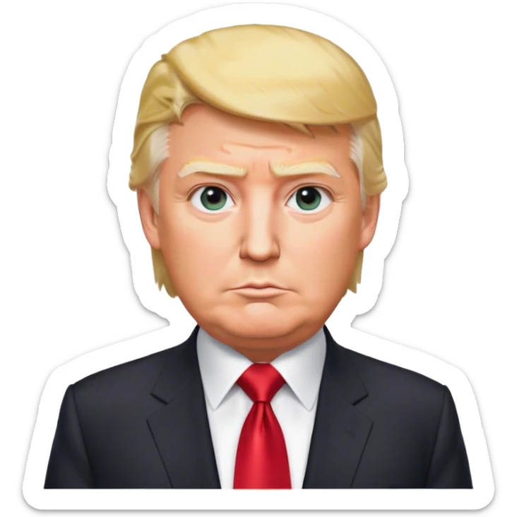 a detailed portrait of donald trump, focusing on his upper half. he has a distinctive hairstyle with combed-back blonde hair, a confident expression, and sharp features. wearing a dark suit, white shirt, and red tie, the image is set against a neutral background with soft, professional lighting sticker