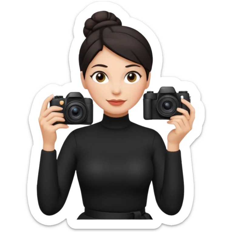 48 year old woman photographer with dark hair in a bun, wearing black clothes sticker