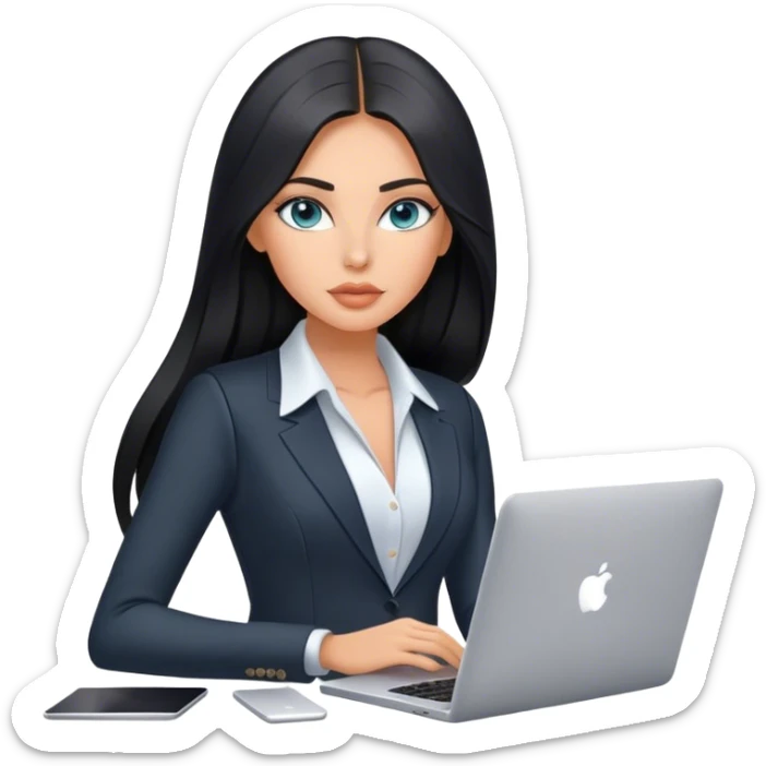 Glamours tanned very beautiful girl with pump peach nude lips and black straight smooth long hair, blue-grey eyes in beautiful black vest from the suit with MacBook sticker