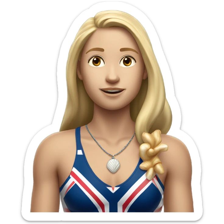 A girl with long blonde hair with wide shoulders wearing a Great Britain rowing swimming suit and has small muscles and add a necklace that has a sea shell pendant on it. She must have a  necklace around the neck and the pendant is on her chest sticker