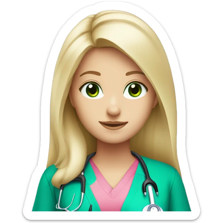 pale blonde girl with long hair and green eyes wearing pink scrubs and stethoscope  sticker