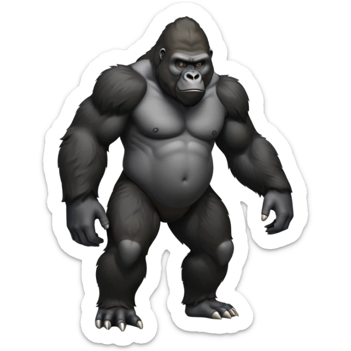 cinematic-gorilla-realistic-full-body-standing on all fours-emoji,-broad-and-powerful-frame-poised-with-confidence,-massive-arms-hanging-slightly-forward,-head-tilted-thoughtfully,-thick-black-fur,-deep-dark-eyes-full-of-intelligence,-simplified-yet-realistic sticker