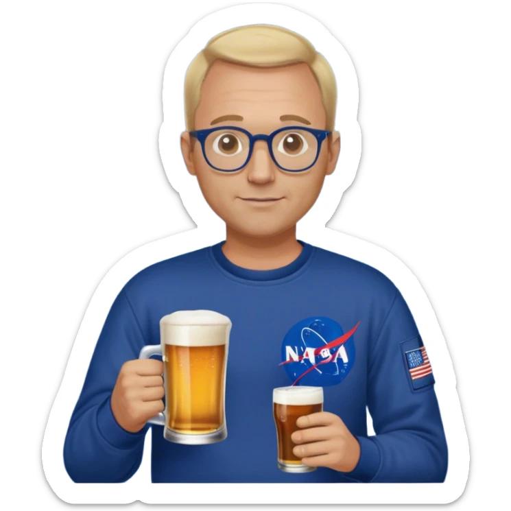 happy chubby man, drinks a beer,  blond short and hight receding hairline, wearing a dark blue sweatshirt, nasa logo on the sweatshirt, round glasses without frame, 40 years old sticker
