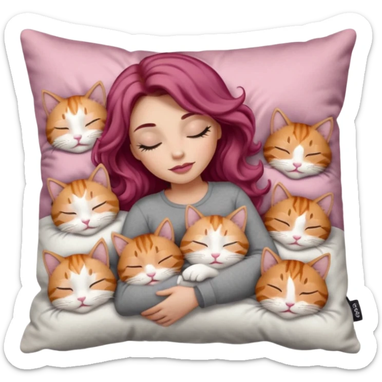 girl with long wavy brown hair, long lashes makeup, sexy pink lips, light to medium complexion,  sleeping on a cozy pillow, with 6 cats: 1 ginger/white, 1 grey with white paws, 1 calico, 2 grey and white and one tabby and white sticker