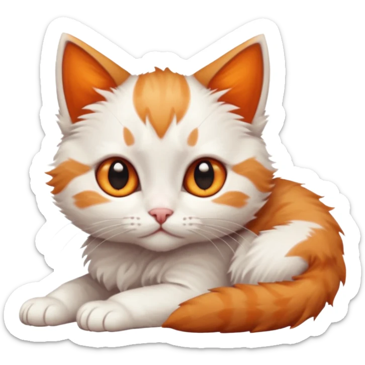 full body of very small + skinny ginger and white kitten with deep orange eyes and triangular shaped face lying down sticker