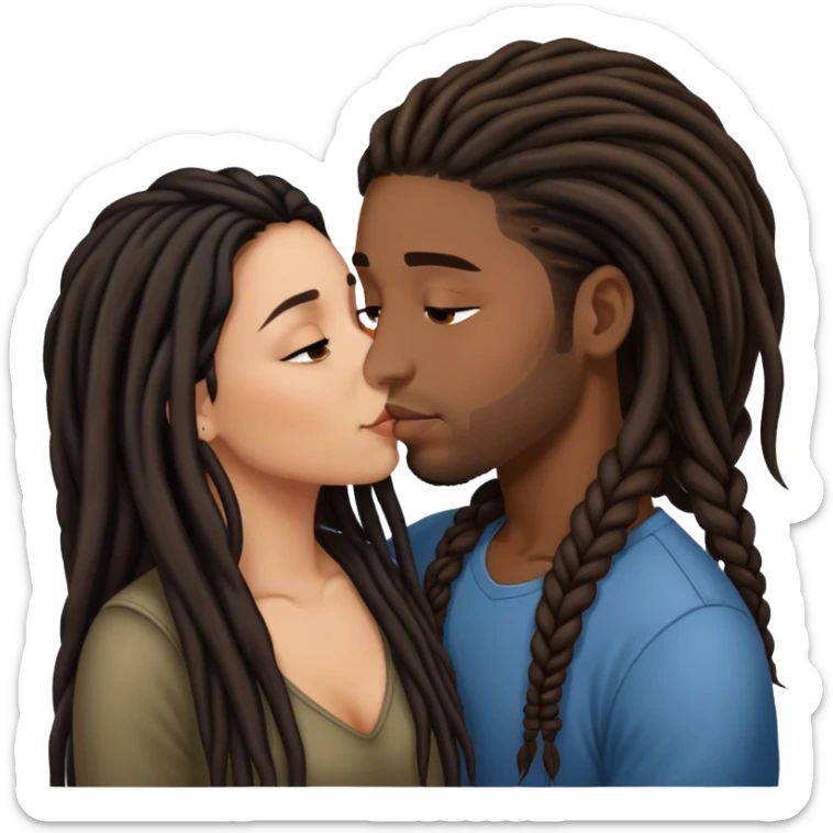 Latina Woman with long hair kissing a young black guy with dreads no beard sticker