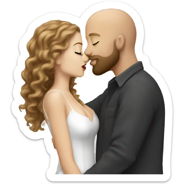 bald bearded guy kiss-kiss long curly brown hair white girl sticker