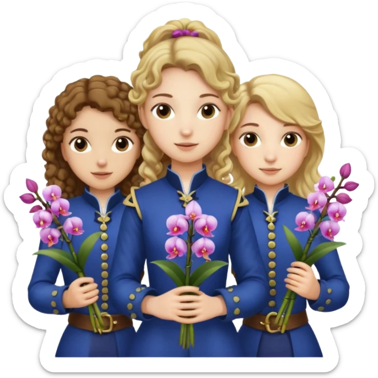 3 female musketeers, one with brown curly hair, one with straight blond hair, one with blond hair in pony tail, all holding orchids sticker