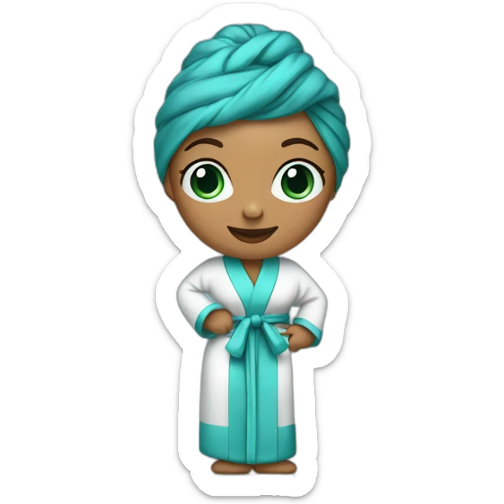 Woman in full body pinstripe bathrobe with turquoise turban sticker