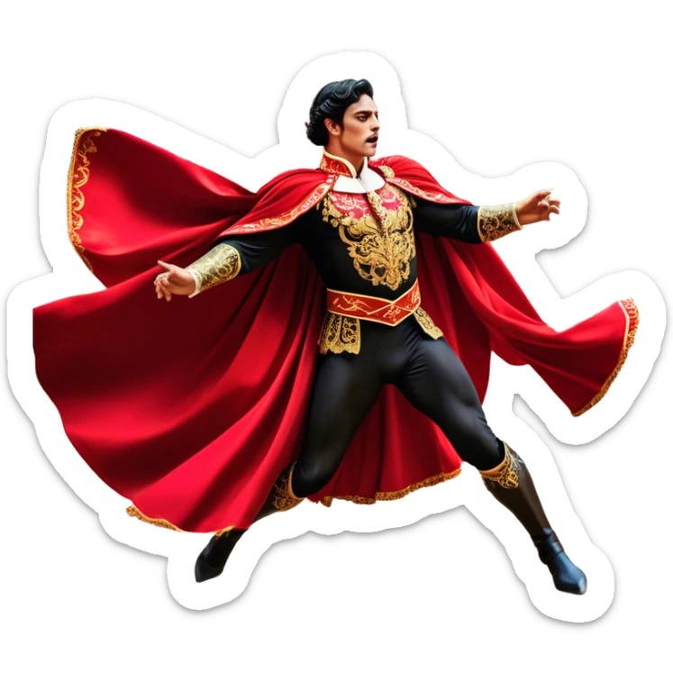 ​Cinematic Realistic Spanish Matador Holding a Red Cape, depicted in mid-action with a vibrant red cape flowing in the wind, dressed in an ornate traje de luces with shimmering details, confronting a charging bull in a dramatic arena, rendered with dynamic motion blur and vivid, high-contrast lighting, sticker
