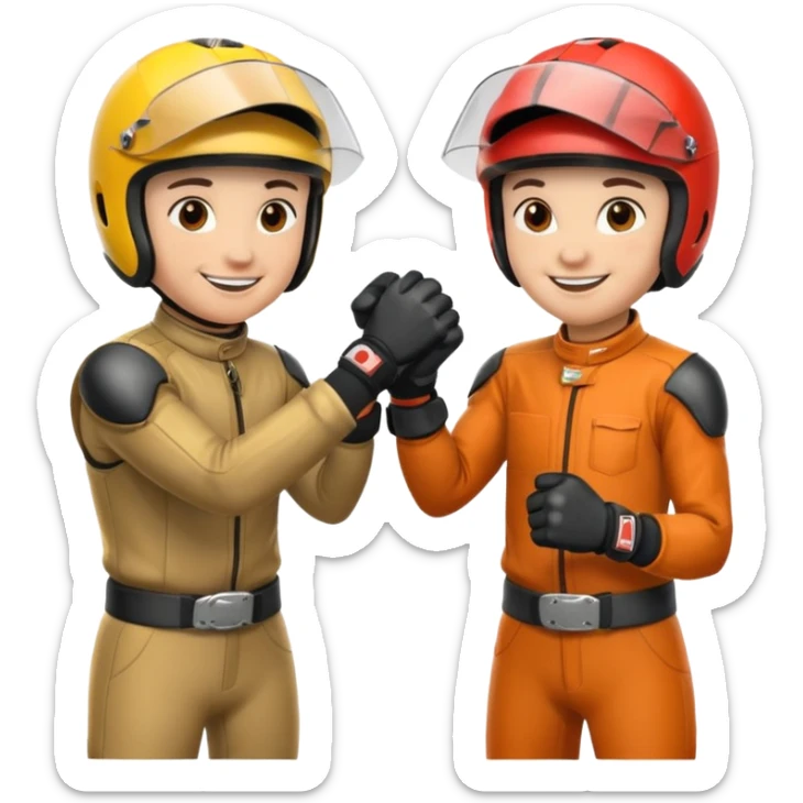 2 dirtbike racers in gear and gloves fist bumping sticker