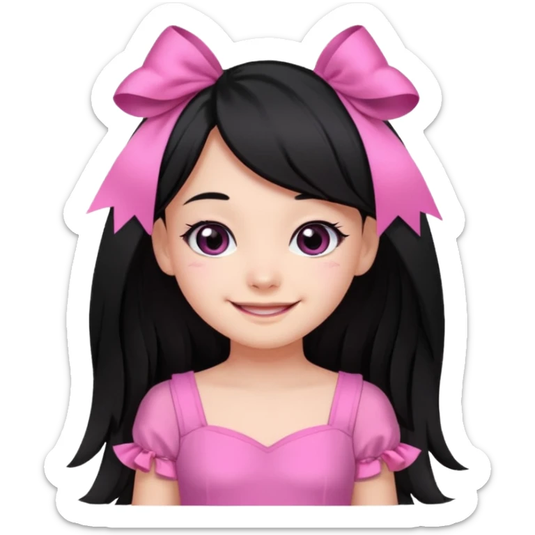 A cute girl, long black hair with 🎀, black eyes, wearing a pink dress  sticker