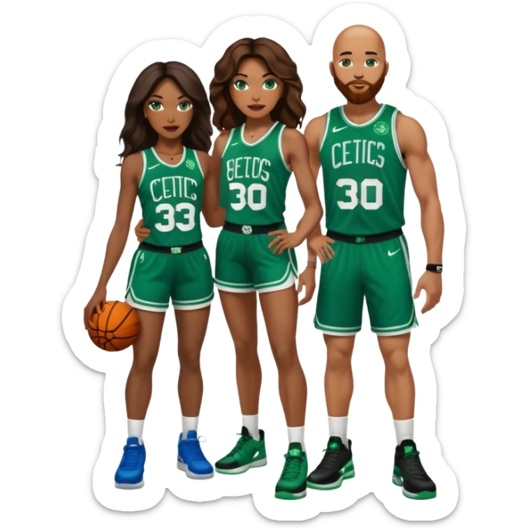 48-year-old black woman with brown eyes, long dark brown balayage hair dressed in sexy 
celtics jersey costume outfit & stilettos with bald white man with ginger beard, and he has blue eyes, wearing a Jason Tatum Boston Celtics Jersey, matching Nike sneakers  sticker