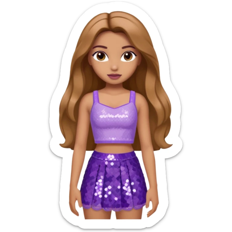 Yasmin from Bratz with long light brown hair, tan skin, brown eyes, lilac sequin crop top sticker