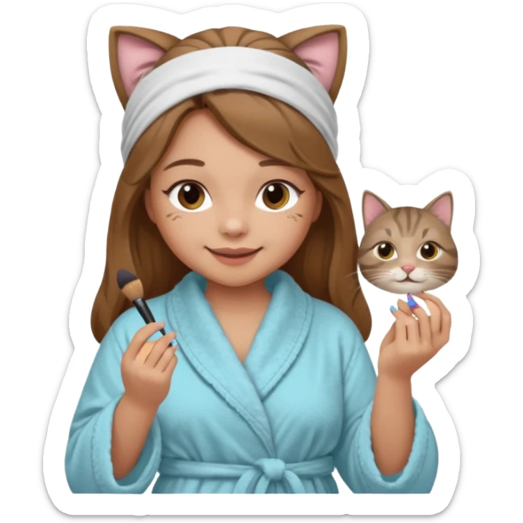 A image of a girl with light long brown hair wearing a bathrobe and headband doing her makeup with her chubby grey tabby cat. She is smiling sticker