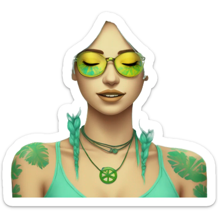 420 Tie dye hippie person flower crown tattoos hemp leaves cyan green yellow caution tape hazard stripes dark colours sticker