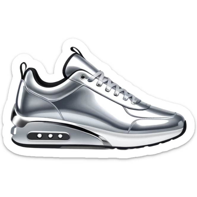 A pair of futuristic sneakers emoji made of silver chrome, sleek streetwear design, smooth metallic panels, subtle reflections, luxury swag aesthetic, iOS emoji style, centered, clean white background sticker