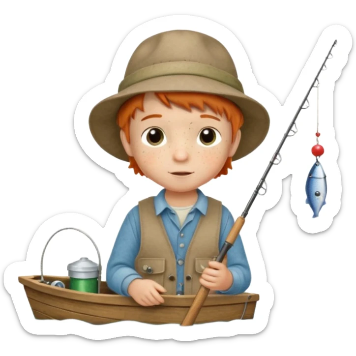 Little boy on the dock fishing, felt texture, scrapbooking, precious moments style character sticker