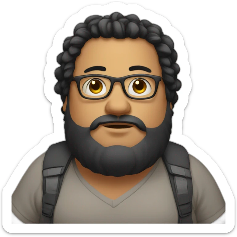 Short man with lots of black hair and beard, very fat with glasses in his hair, dressed like a bum. sticker