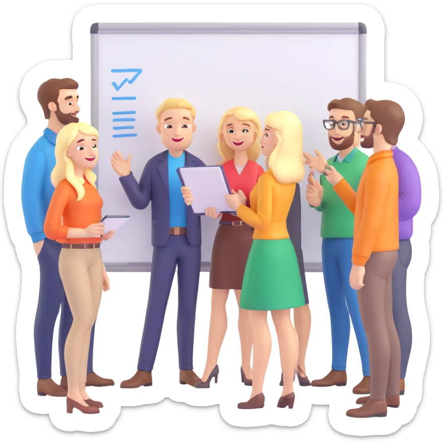 Three happy white male designers and six happy white female designers, all brainstorming around a whiteboard sticker